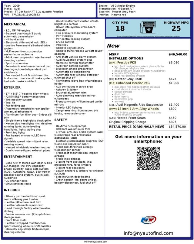 2009 Audi TT Roadster CLEAN CARFAX, 3.2L PRESTIGE, QUATTRO, AWD, CONVERTIBLE, NAVI - 22879835 - 20