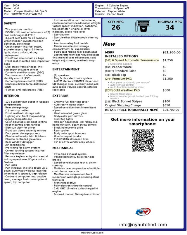 2009 MINI Cooper S Hardtop 2 Door CLEAN CARFAX, PANORAMIC SUNROOF, HEATED SEATS, PREMIUM PKG - 22963614 - 23