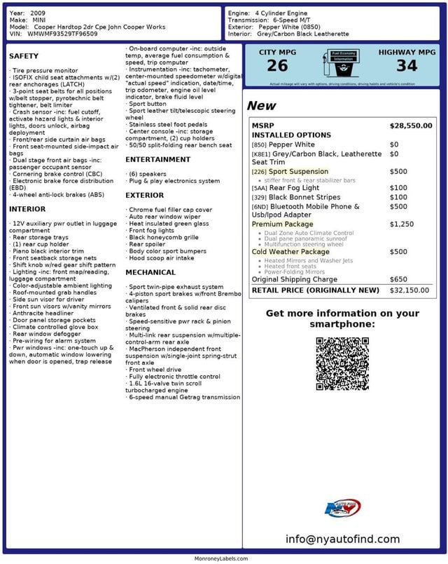 2009 MINI John Cooper Works JCW, 6-SPD MANUAL, PAN SUNROOF, HEATED SEATS, SPORT SUSPENSION - 22958221 - 23