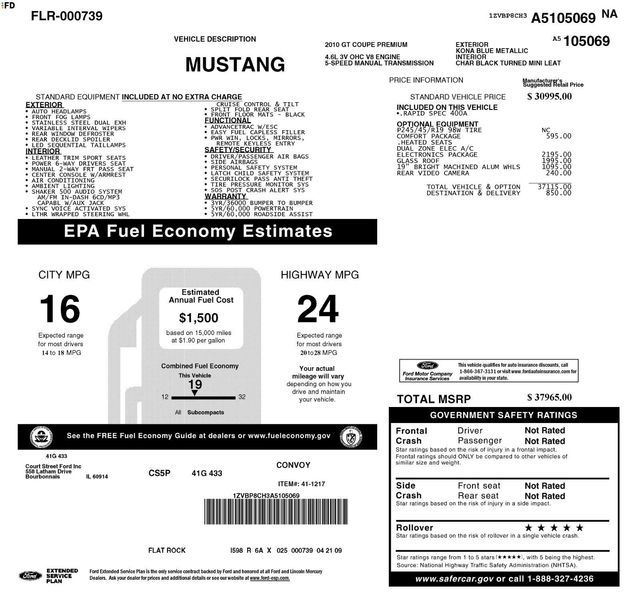 2010 Ford Mustang PREMIUM, 5-SPD MANUAL, GT, GLASS ROOF, NAVI, 19" WHEELS - 23090043 - 12
