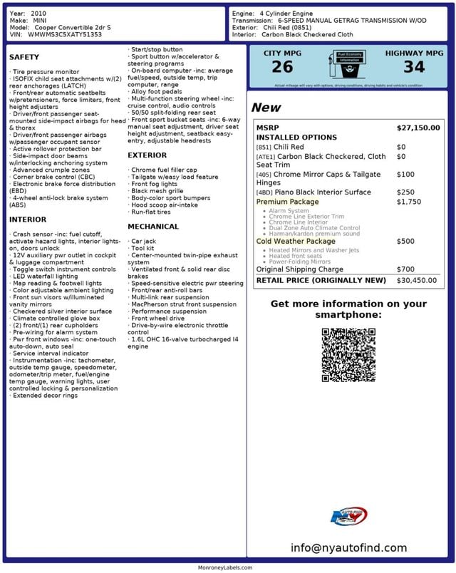 2010 MINI Cooper S Convertible CLEAN CARFAX, CONVERTIBLE, 6-SPD MANUAL, PREMIUM, HEATED SEATS - 22981900 - 23