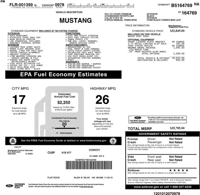 2011 Ford Mustang PREMIUM GT, 6-SPD MANUAL, BREMBO BRAKES, 19" ALUMINUM WHEELS - 23006912 - 16