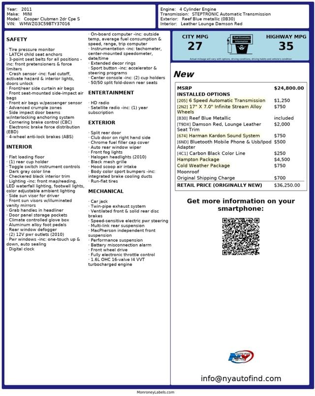 2011 MINI Cooper S Clubman HAMPTON PKG, SUNROOF, HEATED SEATS, HARMAN KARDON, ALLOY WHEELS - 22218705 - 26