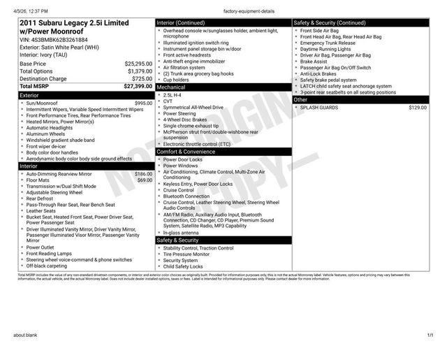 2011 Subaru Legacy 4dr Sedan H4 Automatic 2.5i Ltd Pwr Moon - 22994131 - 33