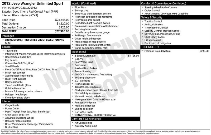 2012 Jeep Wrangler Unlimited 4WD 4dr Sport - 22973950 - 5