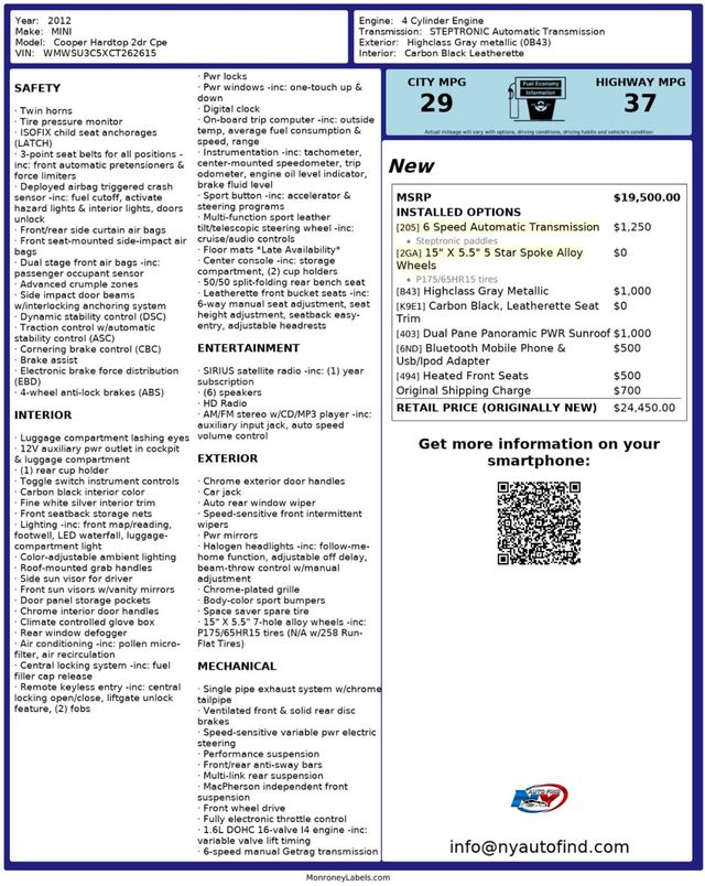 2012 MINI Cooper Hardtop 2 Door CLEAN CARFAX, PANORAMIC SUNROOF, HEATED SEATS, ALLOY WHEELS  - 22963034 - 23