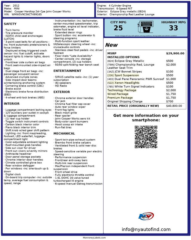 2012 MINI John Cooper Works CLEAN CARFAX, 6-SPD MANUAL, PAN SUNROOF, NAVI, PREMIUM, TECH PKG - 22934646 - 24