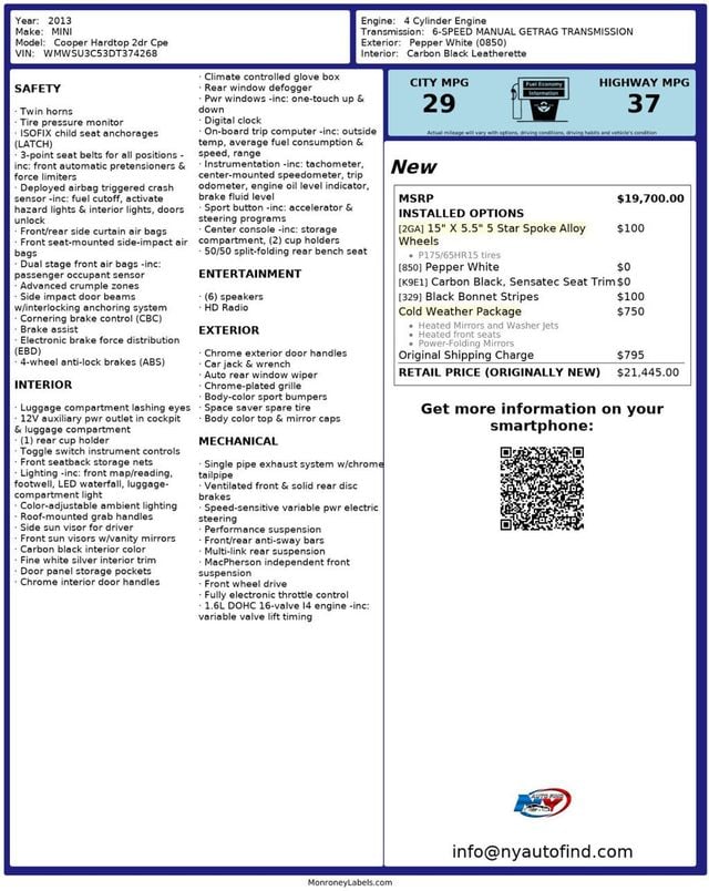 2013 MINI Cooper Hardtop 2 Door CLEAN CARFAX, 6-SPD MANUAL, HEATED SEATS, COLD WEATHER PKG - 22978347 - 22