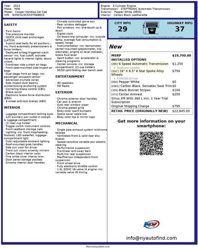 2013 MINI Cooper Hardtop 2 Door CLEAN CARFAX, ALLOY WHEELS, BLK BONNET STRIPES, CENTER ARMREST - 22999471 - 13