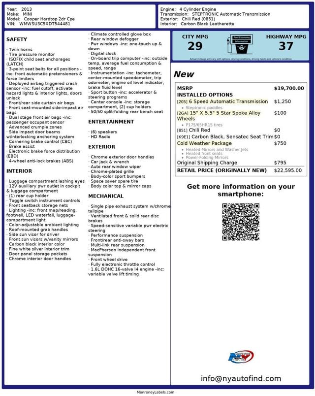 2013 MINI Cooper Hardtop 2 Door HEATED SEATS, COLD WEATHER PKG, ALLOY WHEELS, HEATED MIRRORS - 22982907 - 21