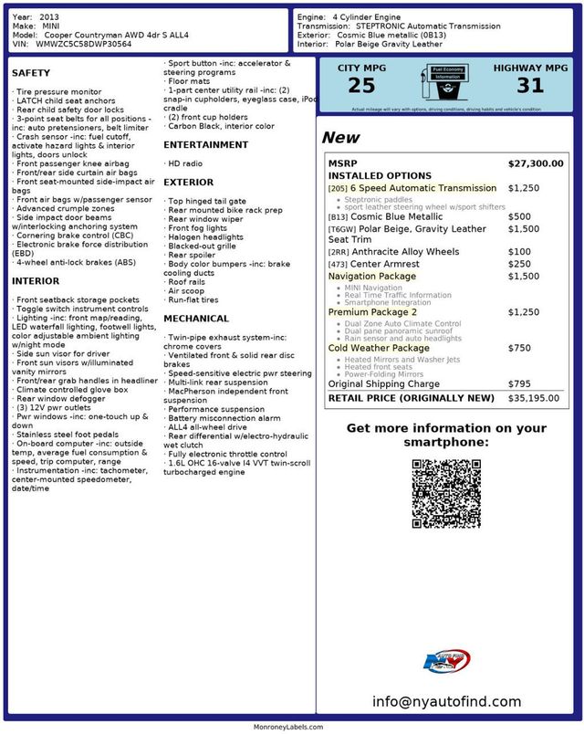 2013 MINI Cooper S Countryman AWD, PAN SUNROOF, NAVIGATION, HEATED SEATS, PREMIUM, LEATHER - 22921376 - 25