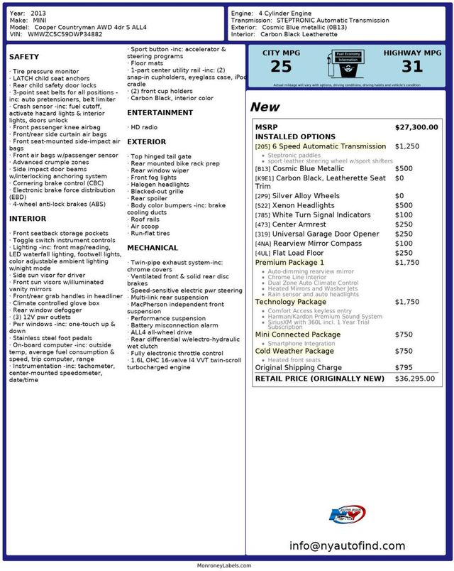 2013 MINI Cooper S Countryman CLEAN CARFAX, AWD, HARMAN KARDON, HEATED SEATS, PREMIUM PKG - 22979799 - 25