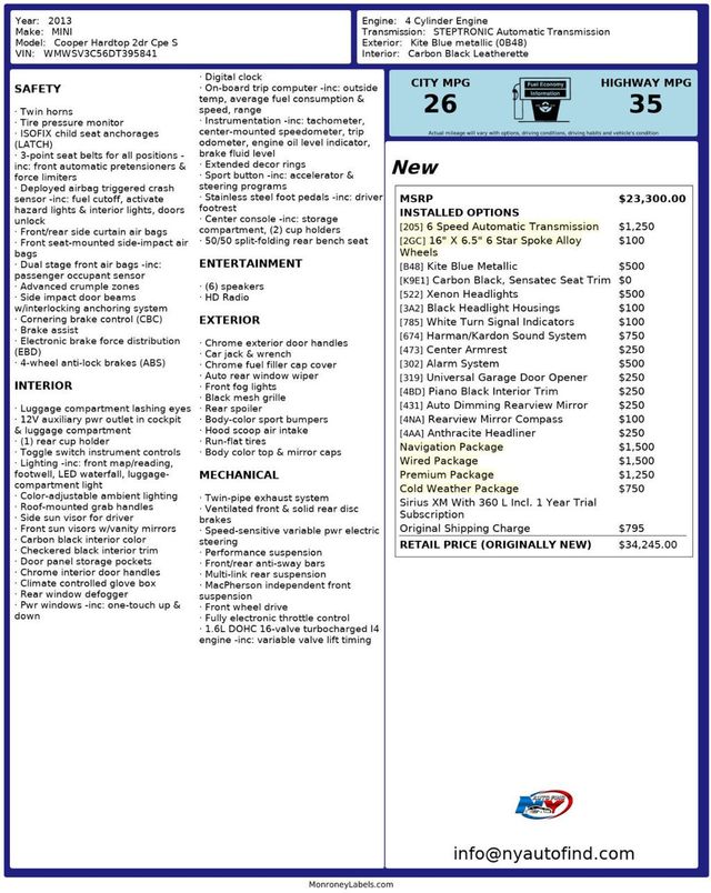 2013 MINI Cooper S Hardtop 2 Door CLEAN CARFAX, PAN SUNROOF, NAVIGATION PKG, HEATED SEATS, PREMIUM - 22947555 - 22
