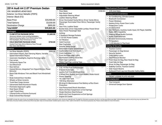 2014 Audi A4 4dr Sedan Automatic quattro 2.0T Premium - 22980878 - 52