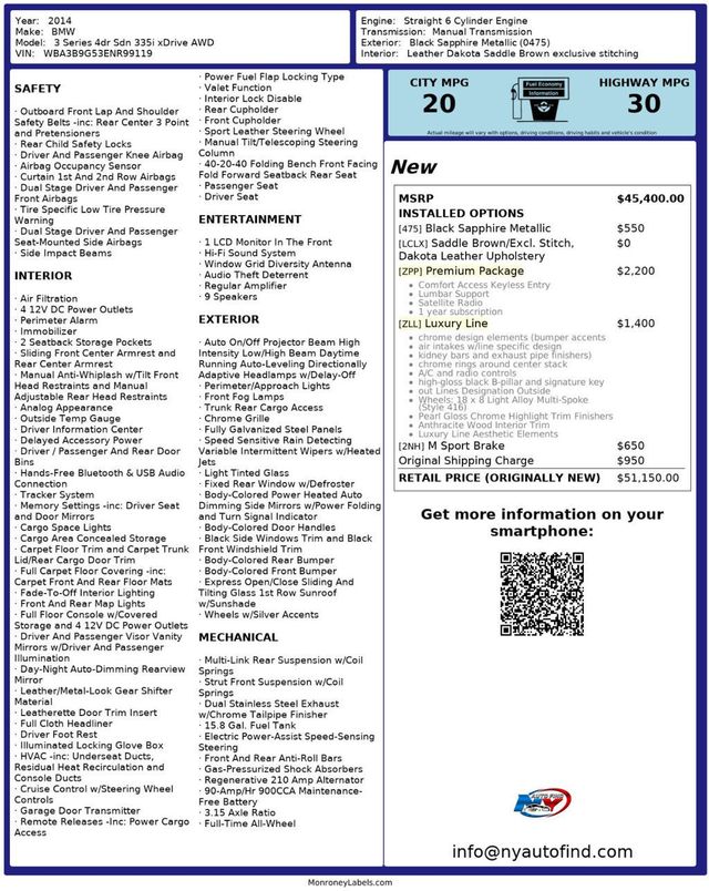 2014 BMW 3 Series 335XI, AWD, 6-SPD MANUAL, PREMIUM PKG, 18" WHEELS, LUXURY LINE - 23002944 - 25