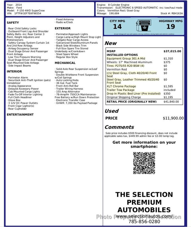 2014 Ford F-150 XLT 4WD SUPER CAB W/ 301A EQUIPMENT GROUP - 22961877 - 1