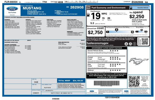 2014 Ford Mustang GT, 6-SPD MANUAL, GT TRACK PKG, 19" ALUM WHEELS, BREMBO BRAKES - 22928732 - 22