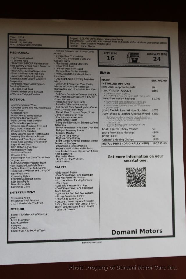 2014 Jaguar XJ 2 OWNER XJL PORTFOLIO , ORIGINAL WINDOW OF $ 90,145 - 20531436 - 50