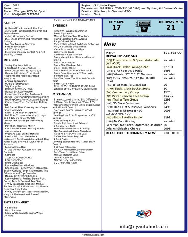 2014 Jeep Wrangler CLEAN CARFAX, 4X4, SPORT, 17" WHEELS, TRAILER TOW, FRONT WINCH - 22938556 - 22