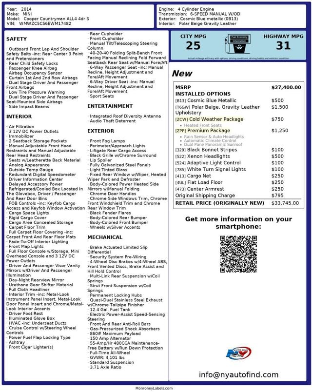 2014 MINI Cooper S Countryman CLEAN CARFAX, AWD, 6-SPD MANUAL, PANORAMIC SUNROOF, HEATED SEATS - 22922787 - 23