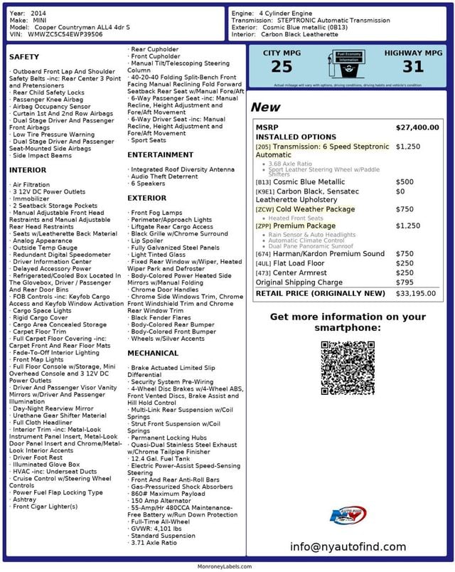 2014 MINI Cooper S Countryman CLEAN CARFAX, AWD, PAN SUNROOF, HEATED SEATS, HARMAN KARDON - 22965230 - 25