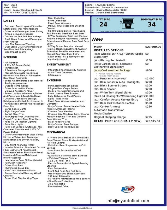 2014 MINI Cooper S Hardtop 2 Door PAN SUNROOF, LED HEADLIGHTS, SPOILER, REAR DISTANCE CONTROL - 22934293 - 22