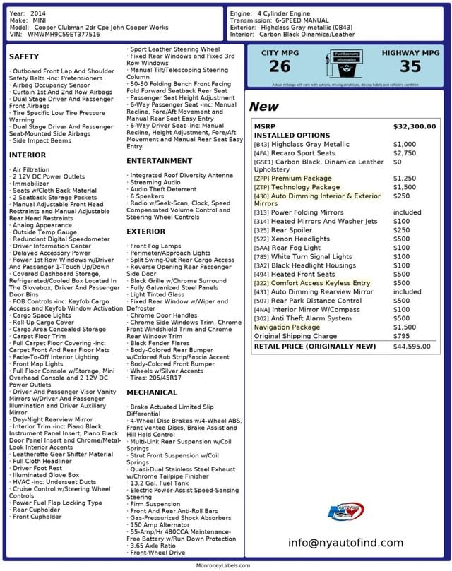2014 MINI John Cooper Works RECARO SEATS, JCW, CLUBMAN, 6-SPD MANUAL, PAN SUNROOF, NAVI - 23004070 - 23