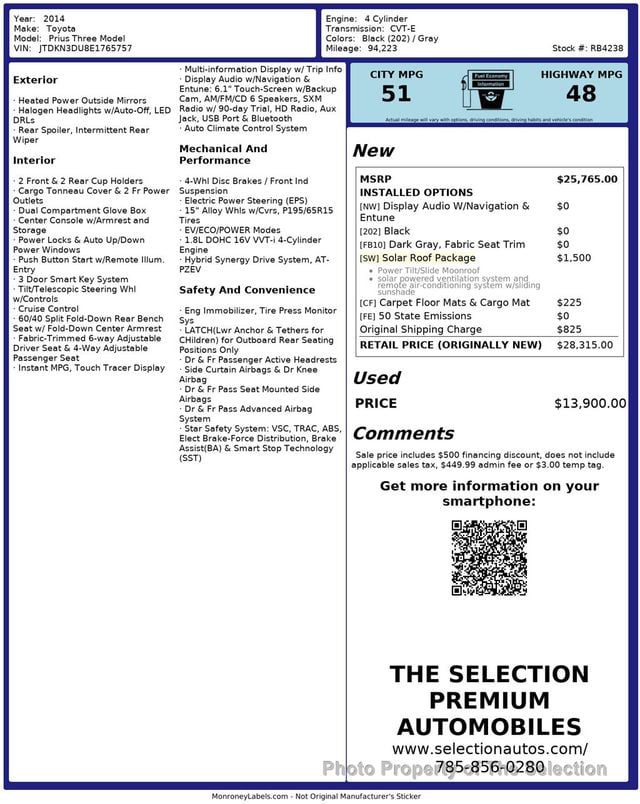 2014 Toyota Prius 5DR THREE W/SOLAR ROOF PACKAGE - 23001779 - 2