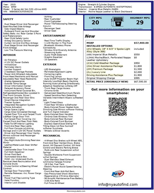 2015 BMW 5 Series 535i xDRIVE, AWD, SUNROOF, PREMIUM, NAVI, BACKUP CAM, 19" WHEELS - 23003603 - 10