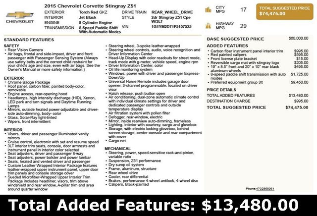 2015 Chevrolet Corvette 2dr Stingray Z51 Coupe w/3LT - 22924260 - 2