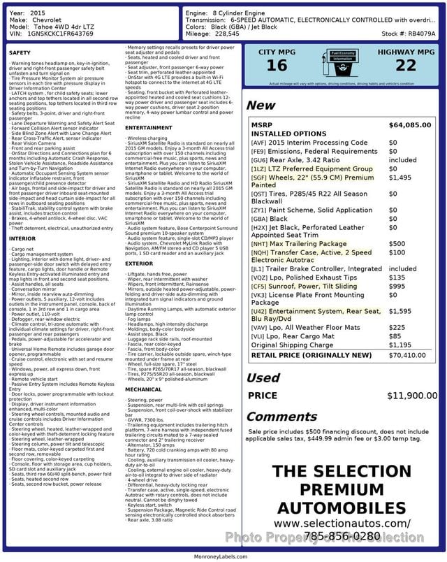 2015 Chevrolet Tahoe 4WD LTZ W/LEATHER, SUNROOF, DVD, NAV, HEADS UP DISPLAY - 22994744 - 2