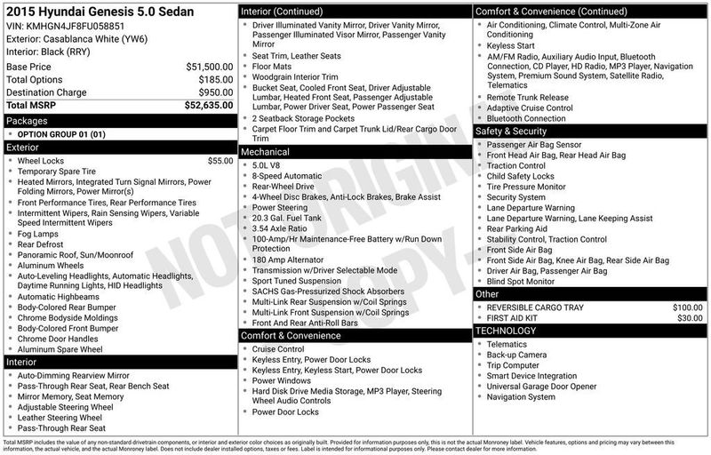 2015 Hyundai Genesis 4dr Sedan V8 5.0L RWD - 23001029 - 5