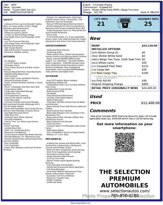 2015 Hyundai Tucson AWD GLS w/traction control, streaming bluetooth audio - 23001775 - 2