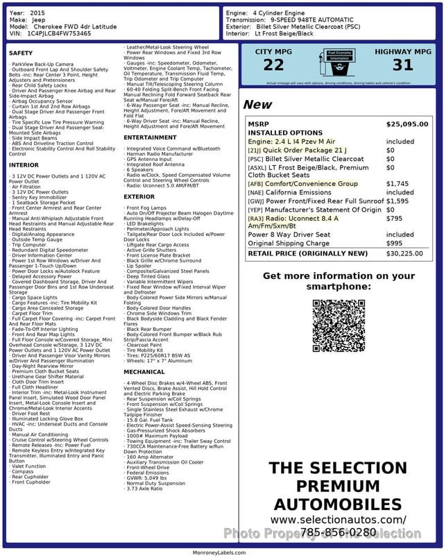 2015 Jeep Cherokee CHEROKEE LATITUDE W/PANO ROOF & COMFORT PKG - 22990666 - 2