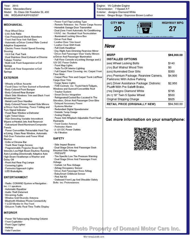 2015 Mercedes-Benz SL-Class Designo Diamond White Panoramic Roof and a $94,560 Original Wind - 19297742 - 2