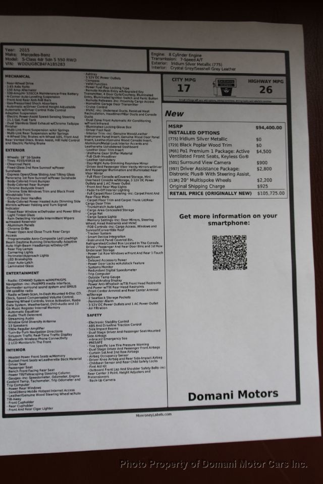 2015 Mercedes-Benz S-Class FLORIDA EXAMPLE, ORIGINAL WINDOW STICKER $ 105.725 - 20531539 - 3