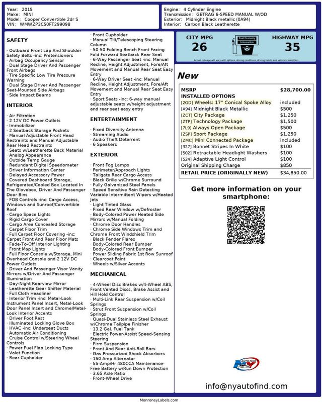 2015 MINI Cooper S Convertible 6-SPD MANUAL, CONVERTIBLE, HEATED SEATS, TECH PKG, SPORT PKG - 22995774 - 23