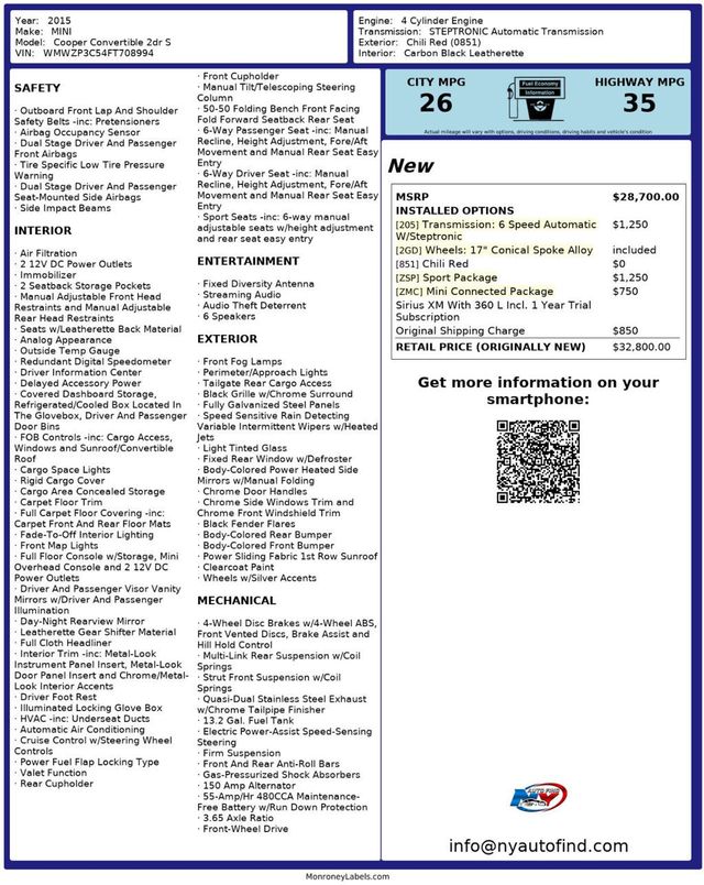2015 MINI Cooper S Convertible CONVERTIBLE, SPORT PKG, 17" ALLOY WHEELS, MINI CONNECTED PKG - 22963983 - 24