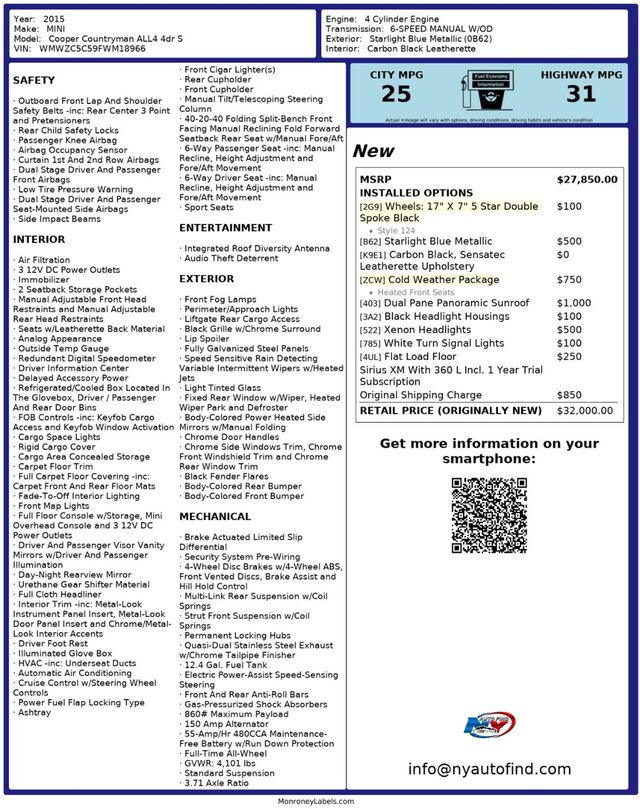 2015 MINI Cooper S Countryman AWD, 6-SPD MANUAL, PAN SUNROOF, HEATED SEATS, XENON LIGHTS - 22921406 - 25