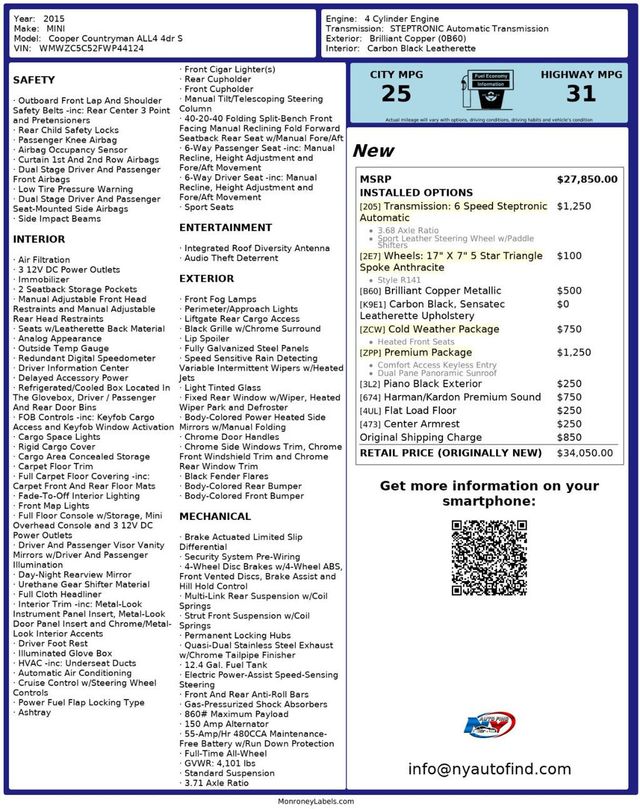 2015 MINI Cooper S Countryman AWD, PAN SUNROOF, PREMIUM PKG, HEATED SEATS, HARMAN/KARDON SOUND - 22919190 - 24