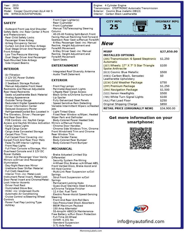 2015 MINI Cooper S Countryman CLEAN CARFAX, AWD, PAN SUNROOF, NAVI, HEATED SEATS, PREMIUM PKG  - 22986503 - 25