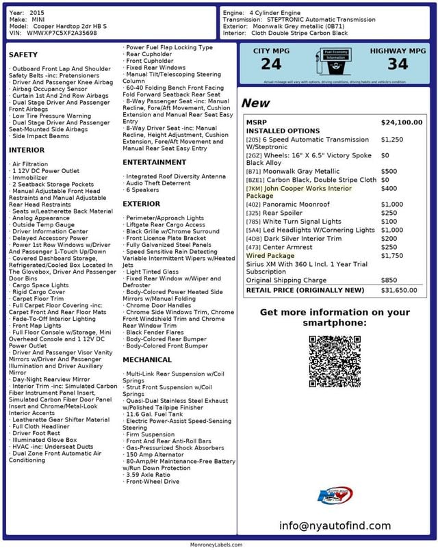 2015 MINI Cooper S Hardtop 2 Door CLEAN CARFAX, PAN SUNROOF, NAVIGATION, JCW INTERIOR, LED LIGHTS - 22918468 - 22