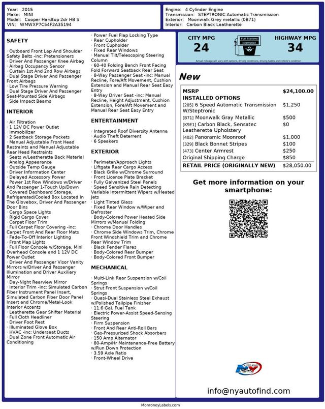 2015 MINI Cooper S Hardtop 2 Door PANORAMIC SUNROOF, CENTER ARMREST, HEATED MIRRORS - 22961362 - 23
