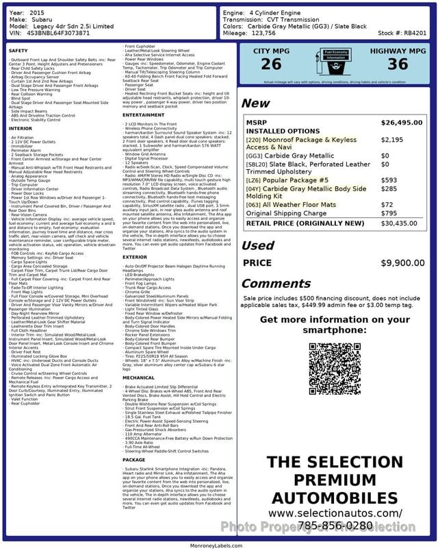 2015 Subaru Legacy SEDAN 2.5i LIMITED W/MOONROOF PACKAGE & NAVIGATION - 22986023 - 2
