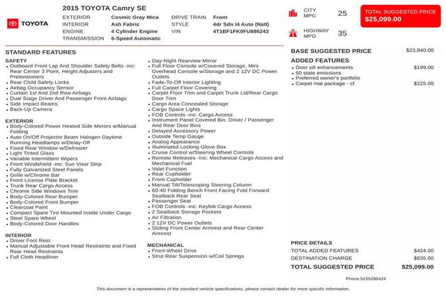 2015 Toyota Camry 4dr Sedan I4 Automatic XLE - 23062206 - 2