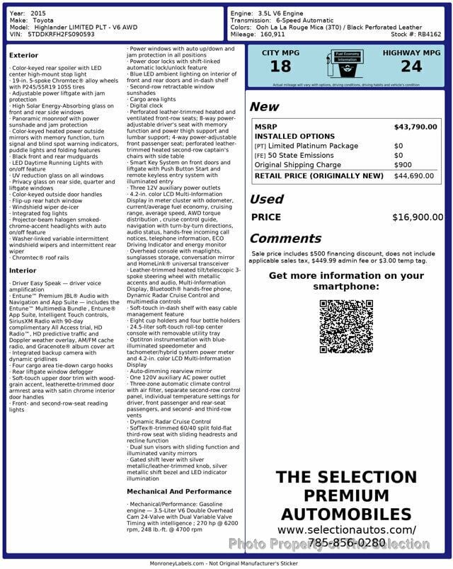 2015 Toyota Highlander HIGHLANDER LIMTED PLATINUM AWD - 22953102 - 1