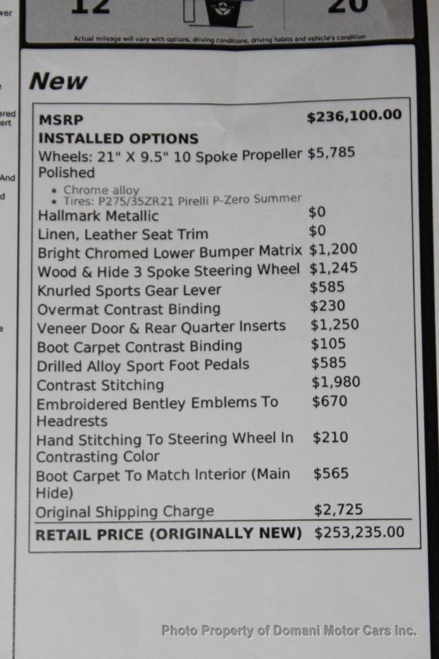 2016 Bentley Continental GT  CALIFORNIA-FLORIDA W12 Original Window $ 253,235  - 20557939 - 2