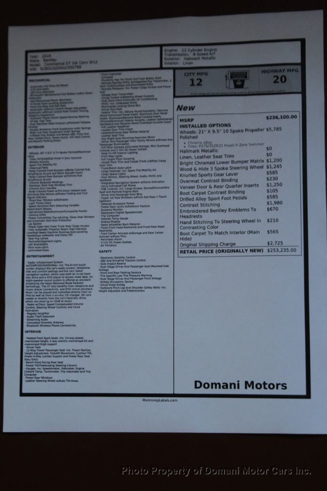 2016 Bentley Continental GT  CALIFORNIA-FLORIDA W12 Original Window $ 253,235  - 20557939 - 7