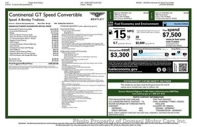2016 Bentley Continental GT GTC Mulliner   Speed 12 cyclinder Original  Sticker $ 305,665 - 19293426 - 2