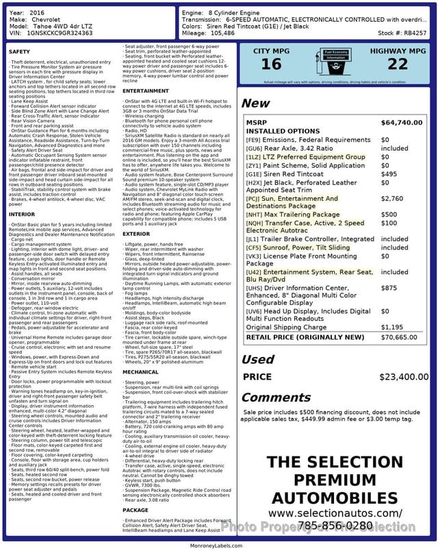 2016 Chevrolet Tahoe 4WD LTZ  W/SUN,ENTERTAINMENT & DESTINATIONS PACKAGE - 23013567 - 2